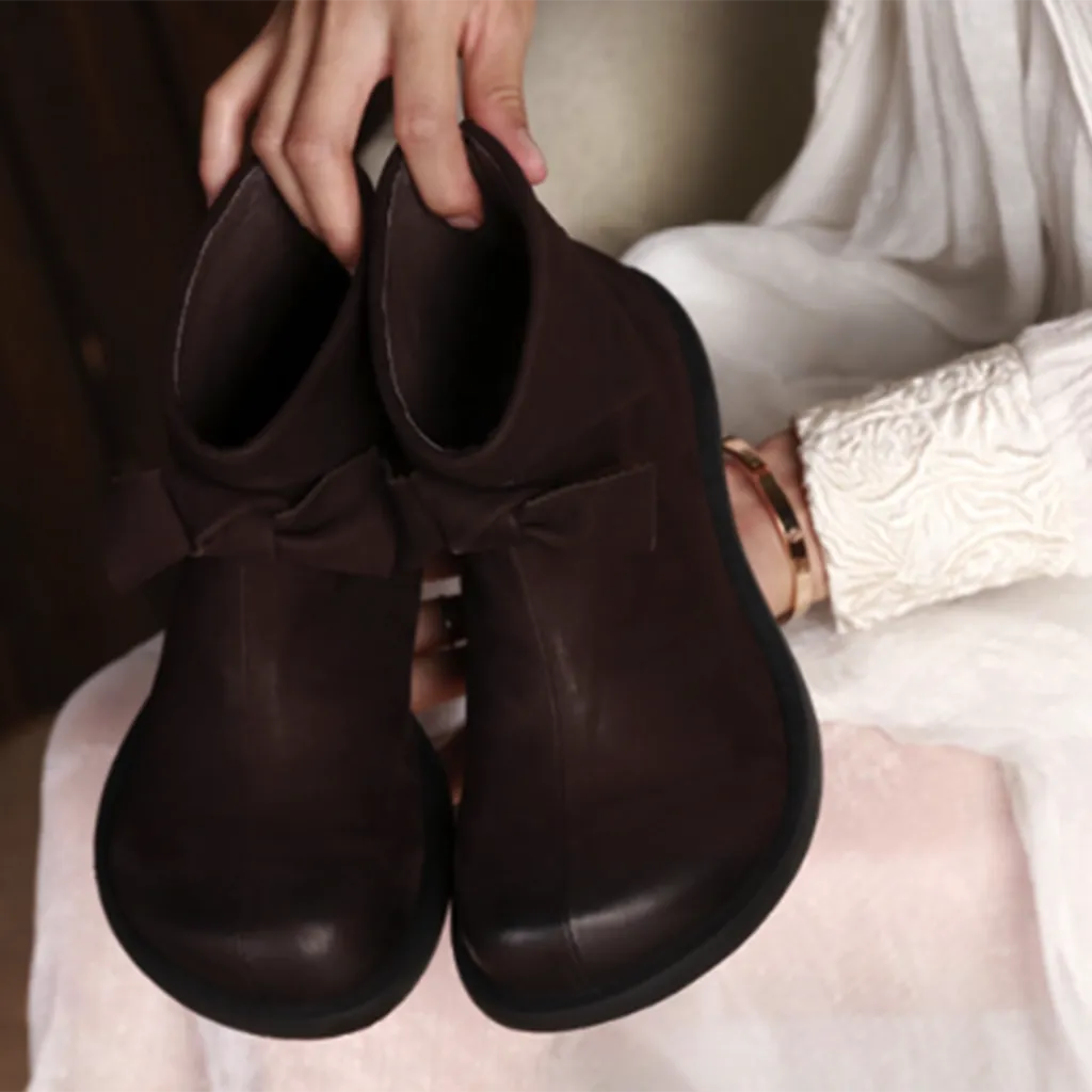 Frosted Comfortable Vintage Bow Leather Boots