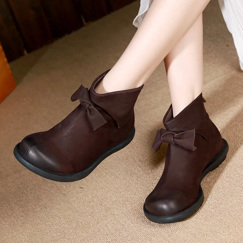 Frosted Comfortable Vintage Bow Leather Boots