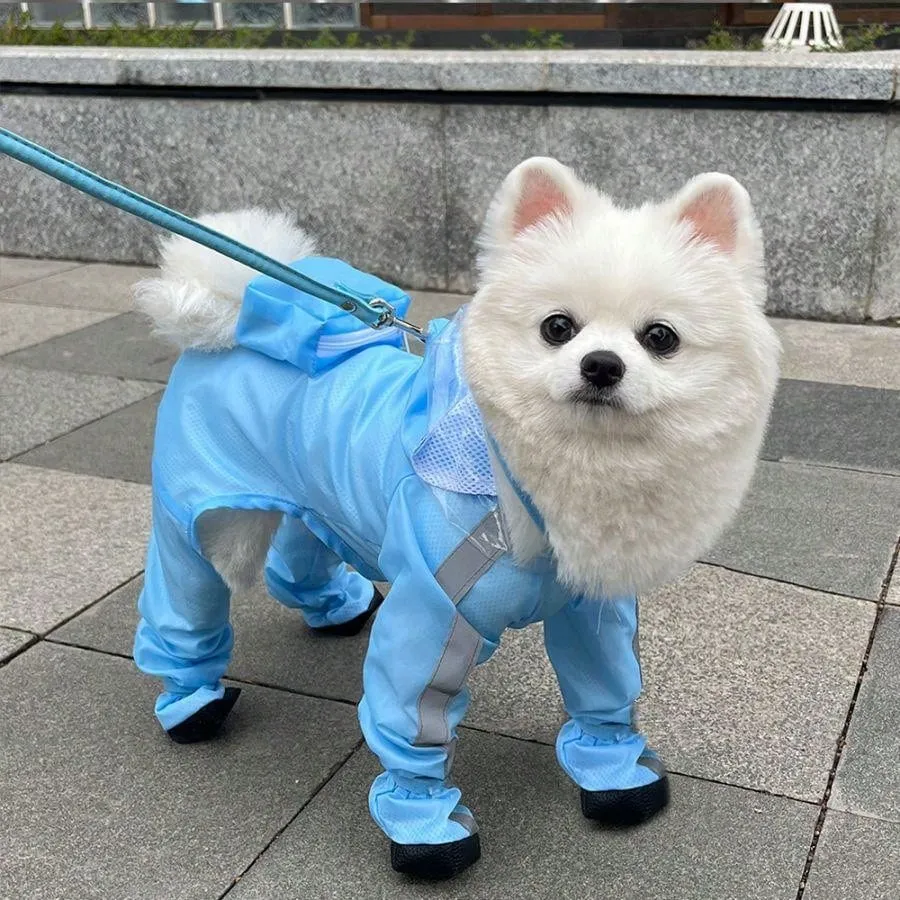 Full Coverage Waterproof Pet Four-Legged Jumpsuit Raincoat With Rain Shoes, Teddy, Bichon, French Bulldog Outdoor Clothes