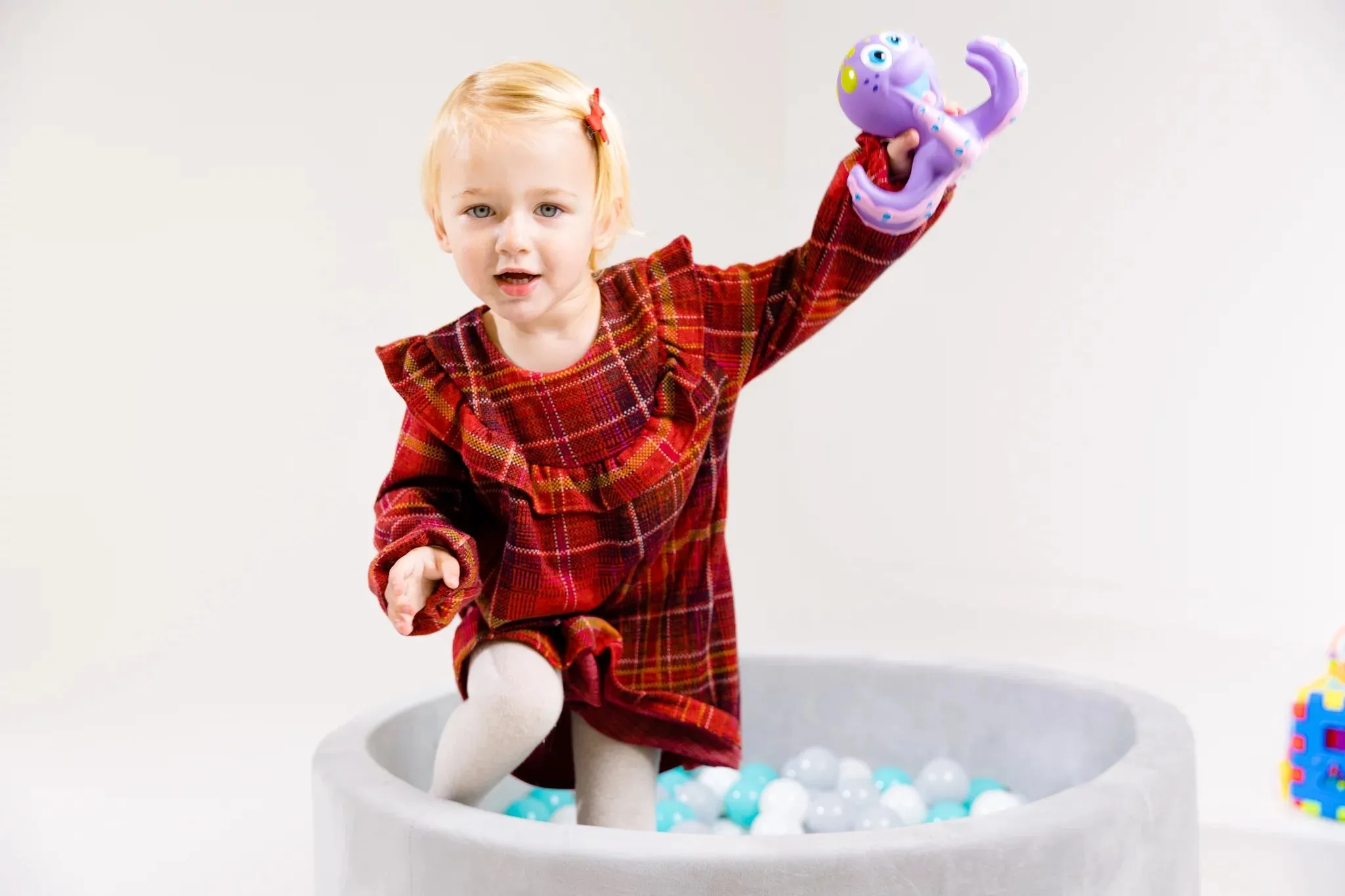 Grey Velvet Ball Pit with 200 Aqua, White, & Grey Balls