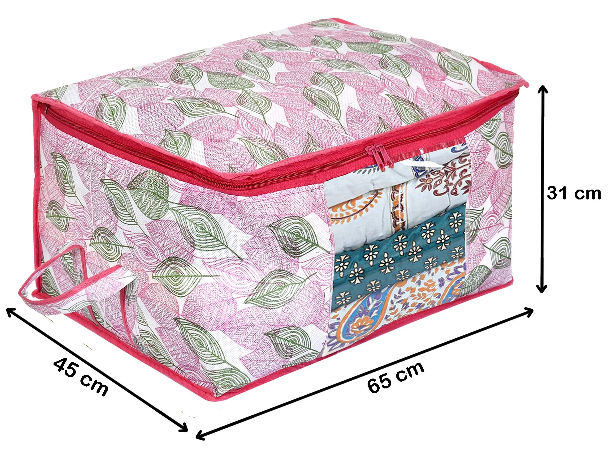 Heart Home Metalic Leafy Print Non Woven 8 Pieces Underbed Storage Bag,Cloth Organiser,Blanket Cover with Transparent Window (Pink)-HHEART16623