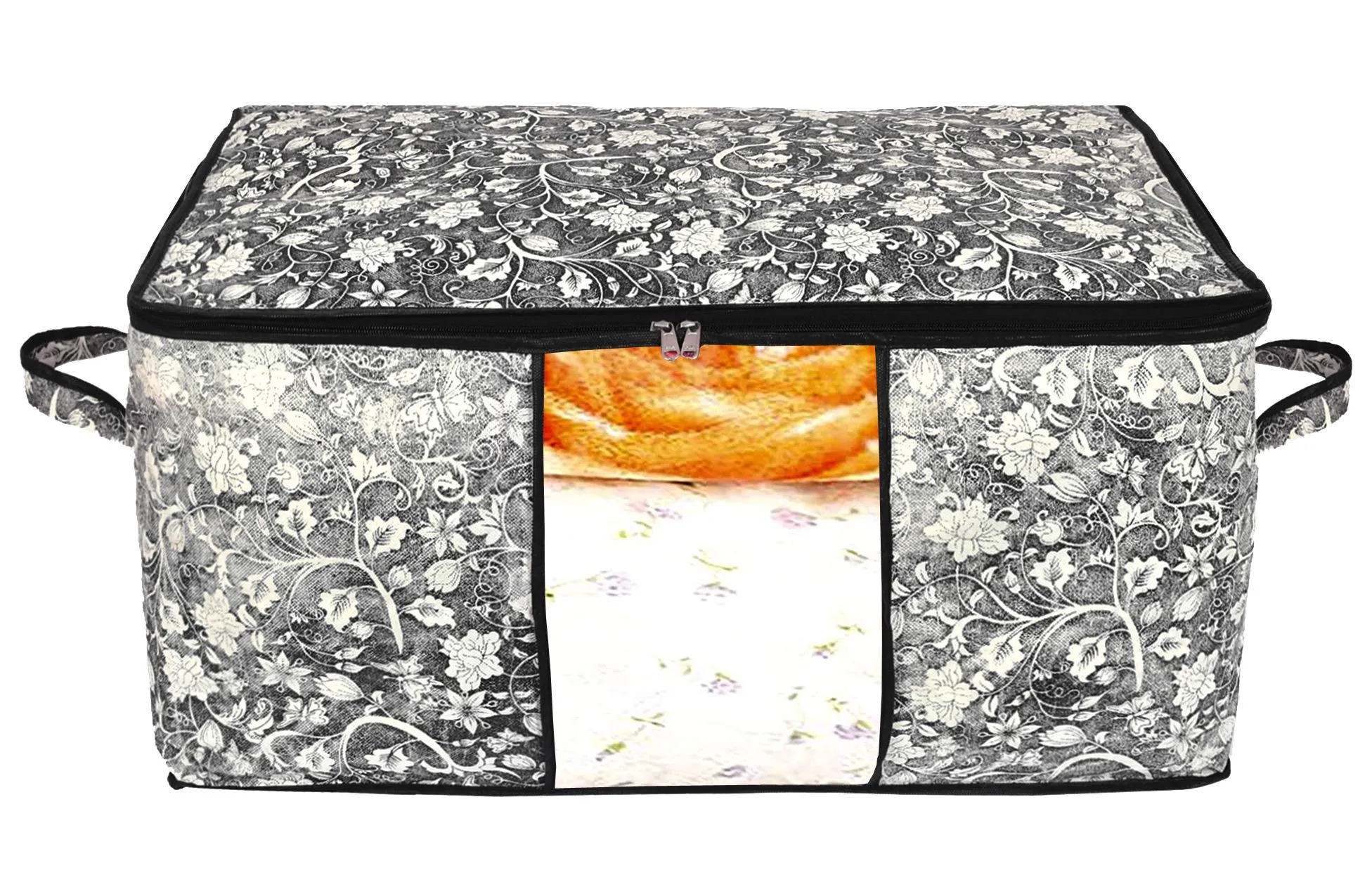 Kuber Industries Flower Print Foldable Woven Underbed Storage Bag|Large Storage Organiser|Blanket Cover with Transparent Window|Size 65 x 45 x 31 CM (Black)-KUBMART16598(Fabric)