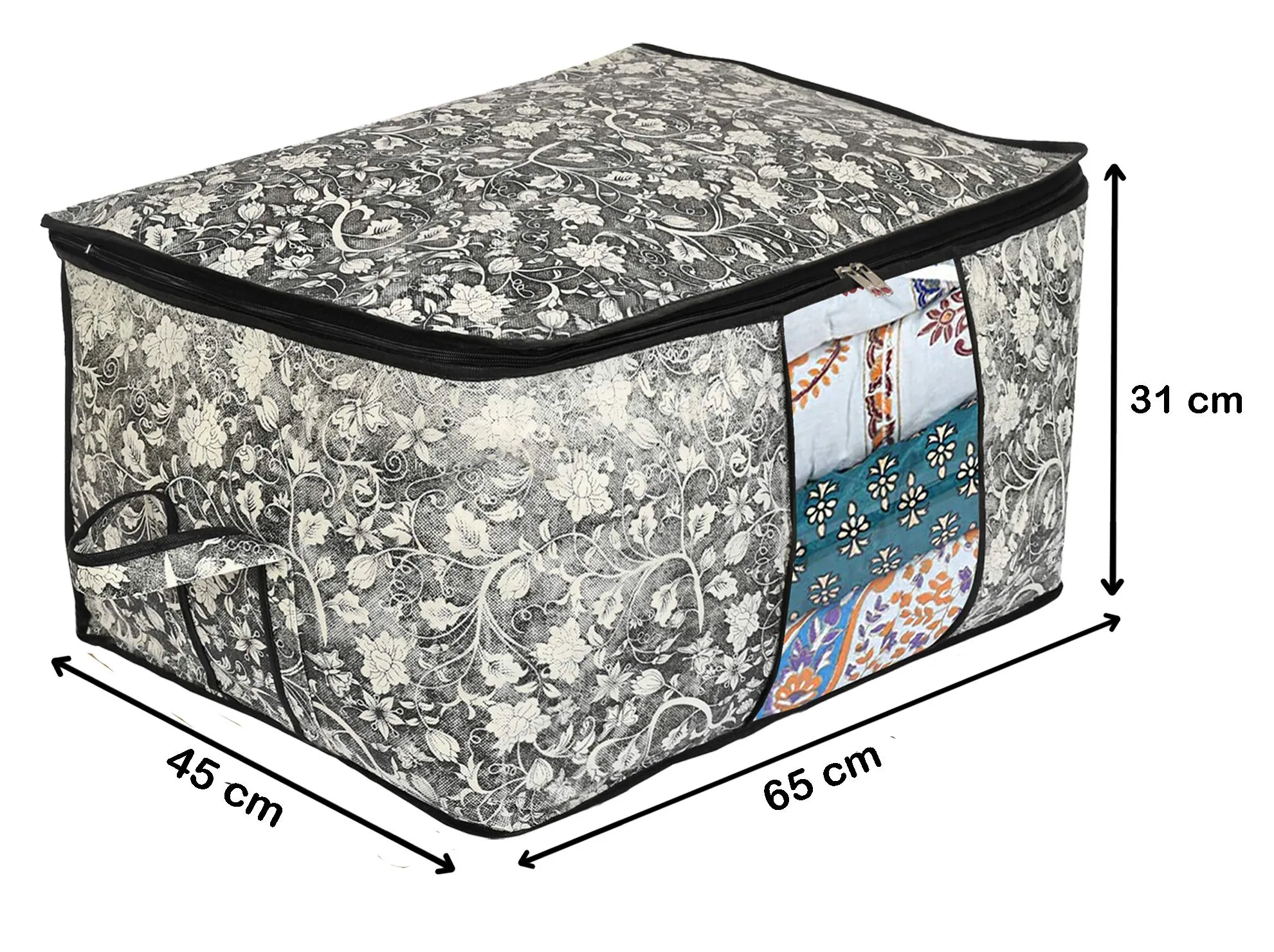 Kuber Industries Flower Print Foldable Woven Underbed Storage Bag|Large Storage Organiser|Blanket Cover with Transparent Window|Size 65 x 45 x 31 CM (Black)-KUBMART16598(Fabric)