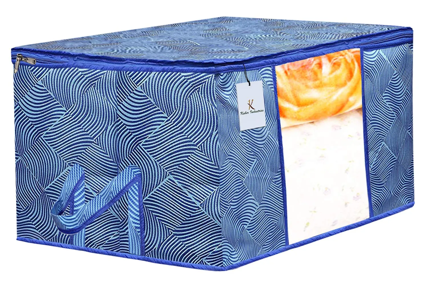 Kuber Industries Laheriya Design Non Woven Underbed Storage Bag|Large Storage Organiser|Blanket Cover with Transparent Window|Size 65 x 47 x 34 CM (Blue)-CTKTC134508