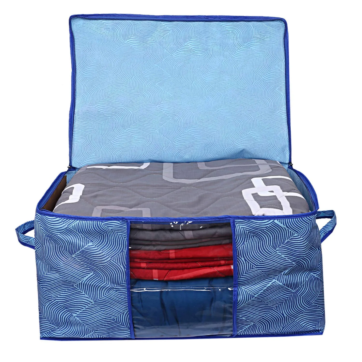 Kuber Industries Laheriya Design Non Woven Underbed Storage Bag|Large Storage Organiser|Blanket Cover with Transparent Window|Size 65 x 47 x 34 CM (Blue)-CTKTC134508