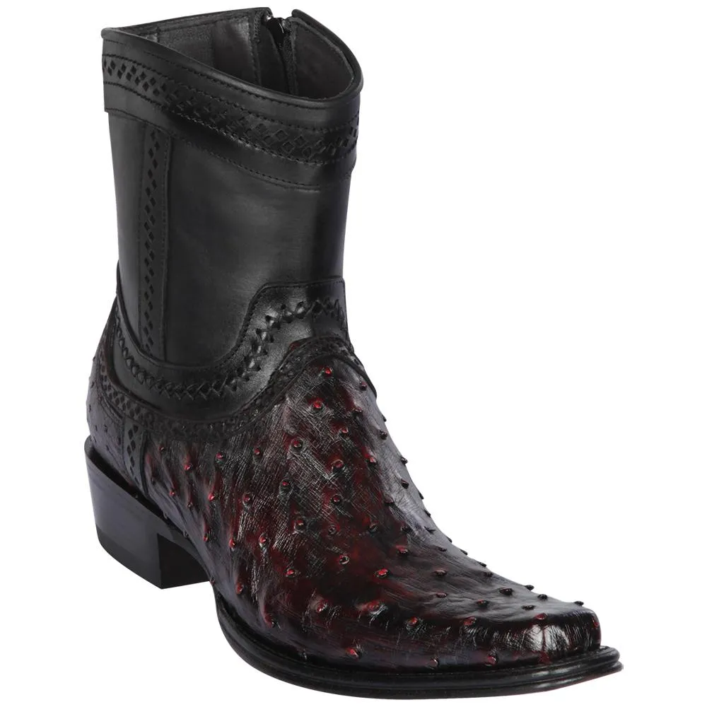 Los Altos Boots Mens #76B0318 Low Shaft European Square Toe | Genuine Ostrich skin Leather Boots | Color Black Cherry