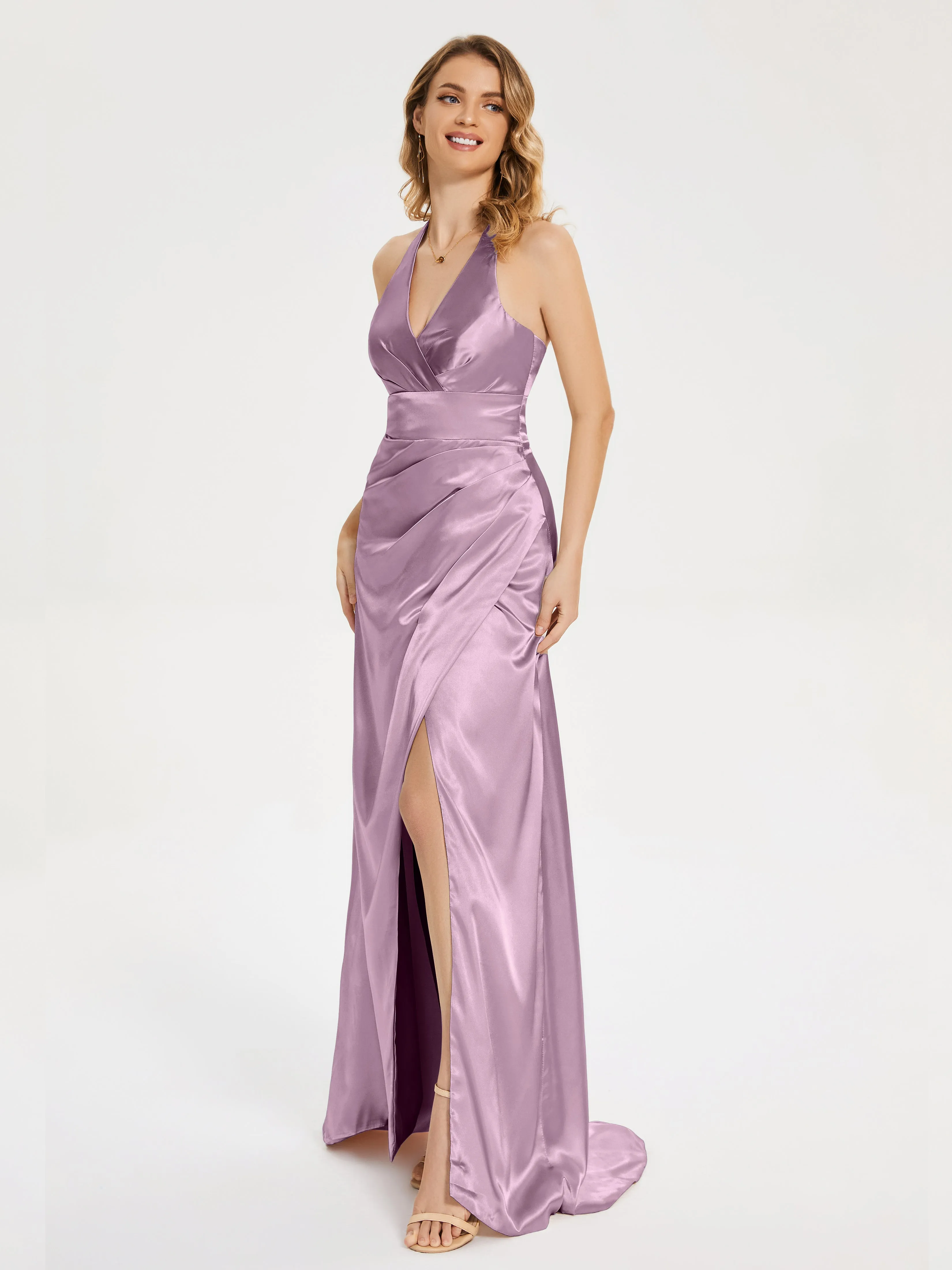 Mariana Ruched Split Soft Satin Dresses