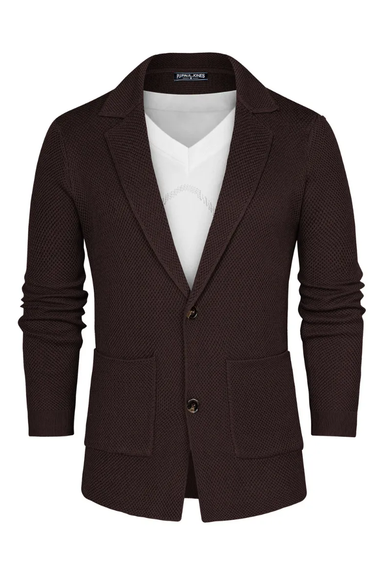 Mens Notch Collar Cardigan Sweaters Knit Textured Sweater Button Down Blazer with Pockets