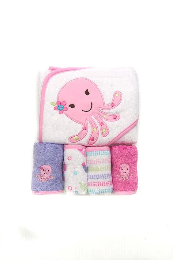 Owen 5pc Starter Hooded Towel & Washcloth Set 30 x 30" - 100% cotton - 6 Designs