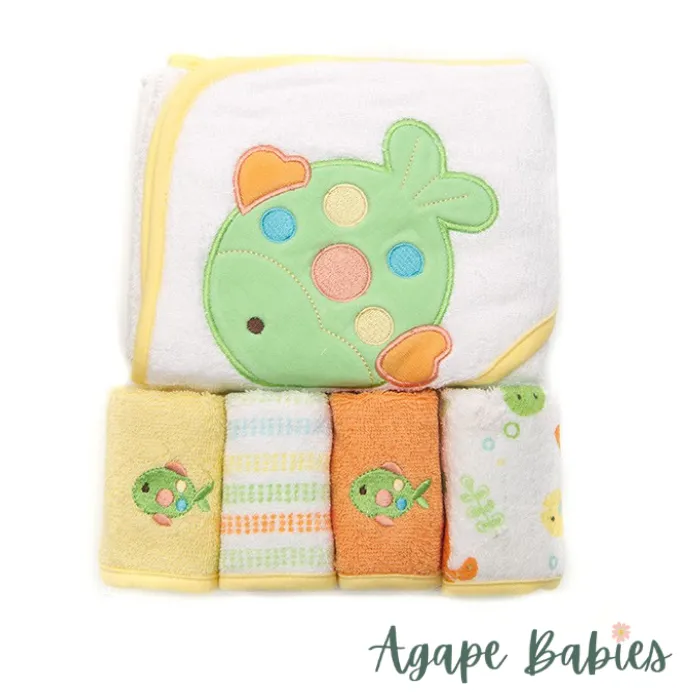 Owen 5pc Starter Hooded Towel & Washcloth Set 30 x 30" - 100% cotton - 6 Designs