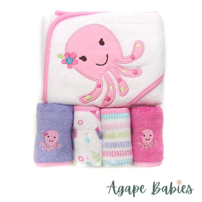 Owen 5pc Starter Hooded Towel & Washcloth Set 30 x 30" - 100% cotton - 6 Designs