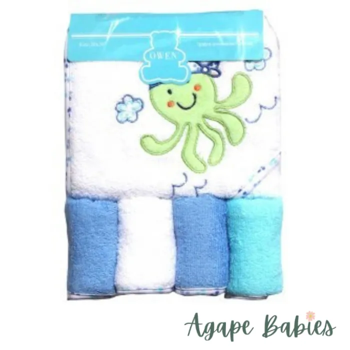 Owen 5pc Starter Hooded Towel & Washcloth Set 30 x 30" - 100% cotton - 6 Designs