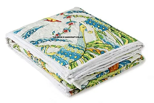 Ravaiyaa - Attitude is everything Bird Printed Machine Quilted Throws Handmade Large Soft Cotton Blanket 70"x50" (White)