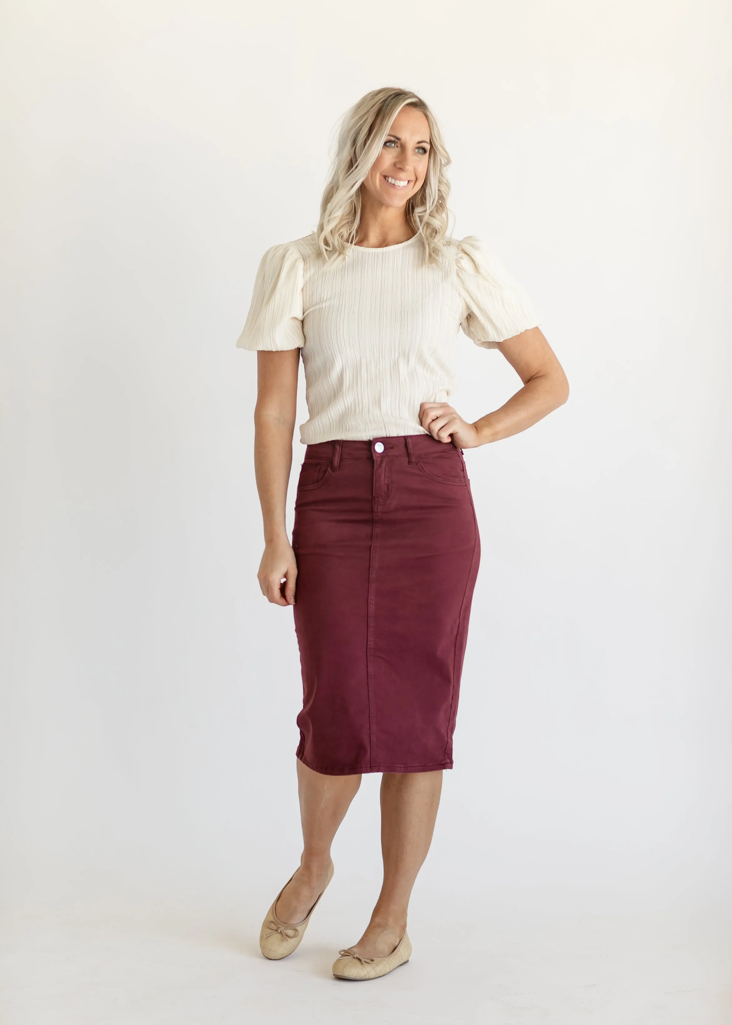 Remi Burgundy Denim Midi Skirt - FINAL SALE