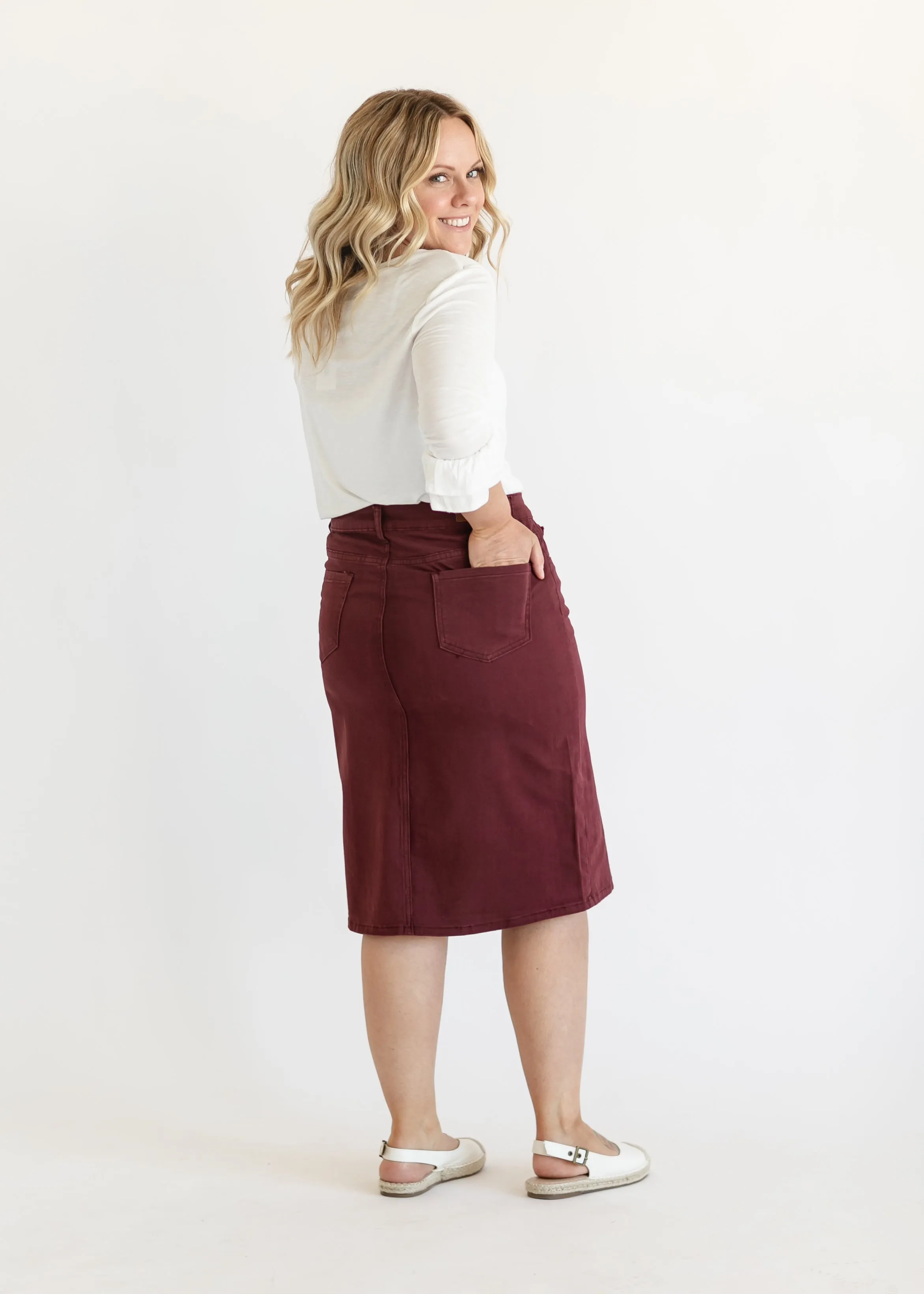 Remi Burgundy Denim Midi Skirt - FINAL SALE