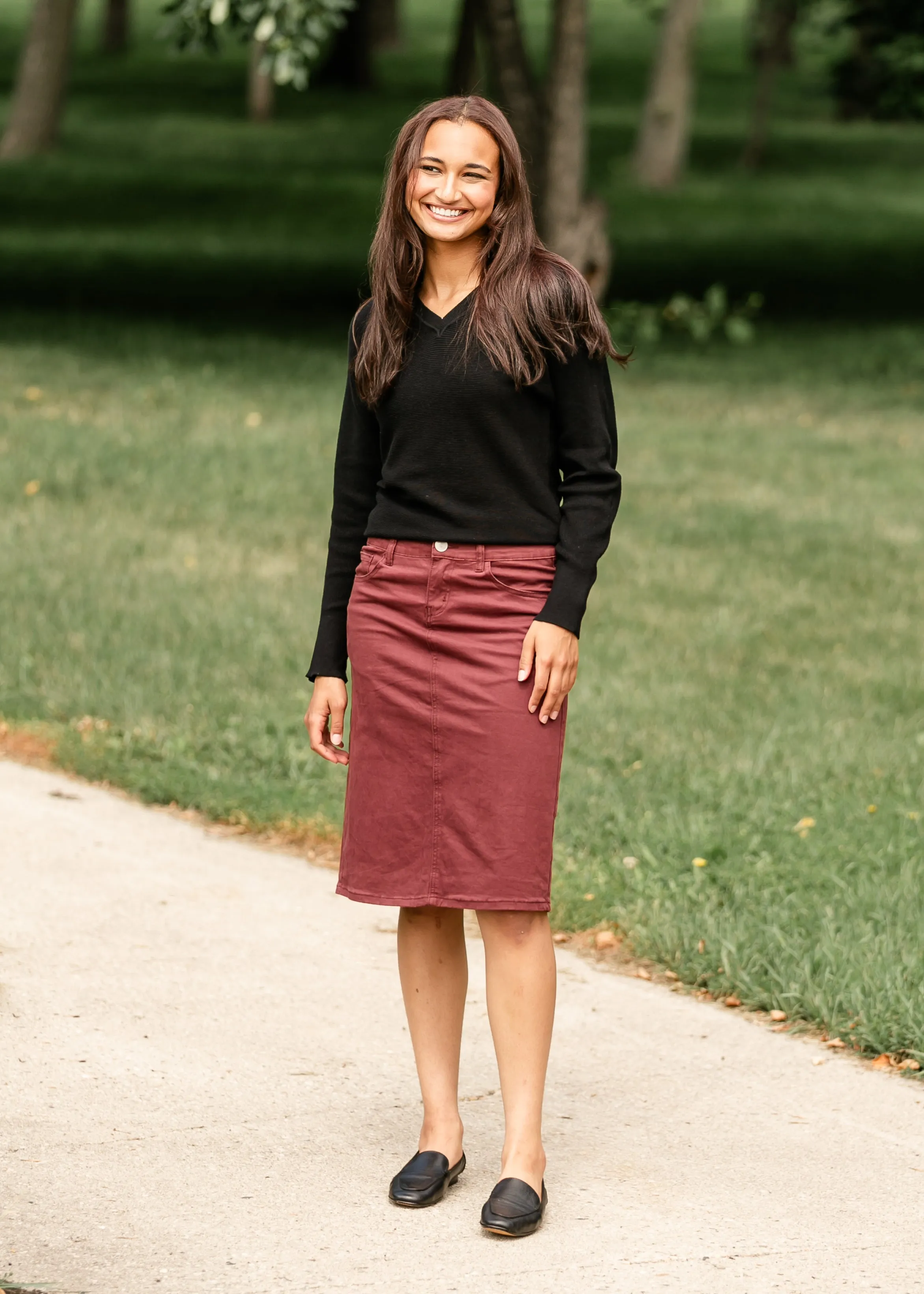 Remi Burgundy Denim Midi Skirt - FINAL SALE