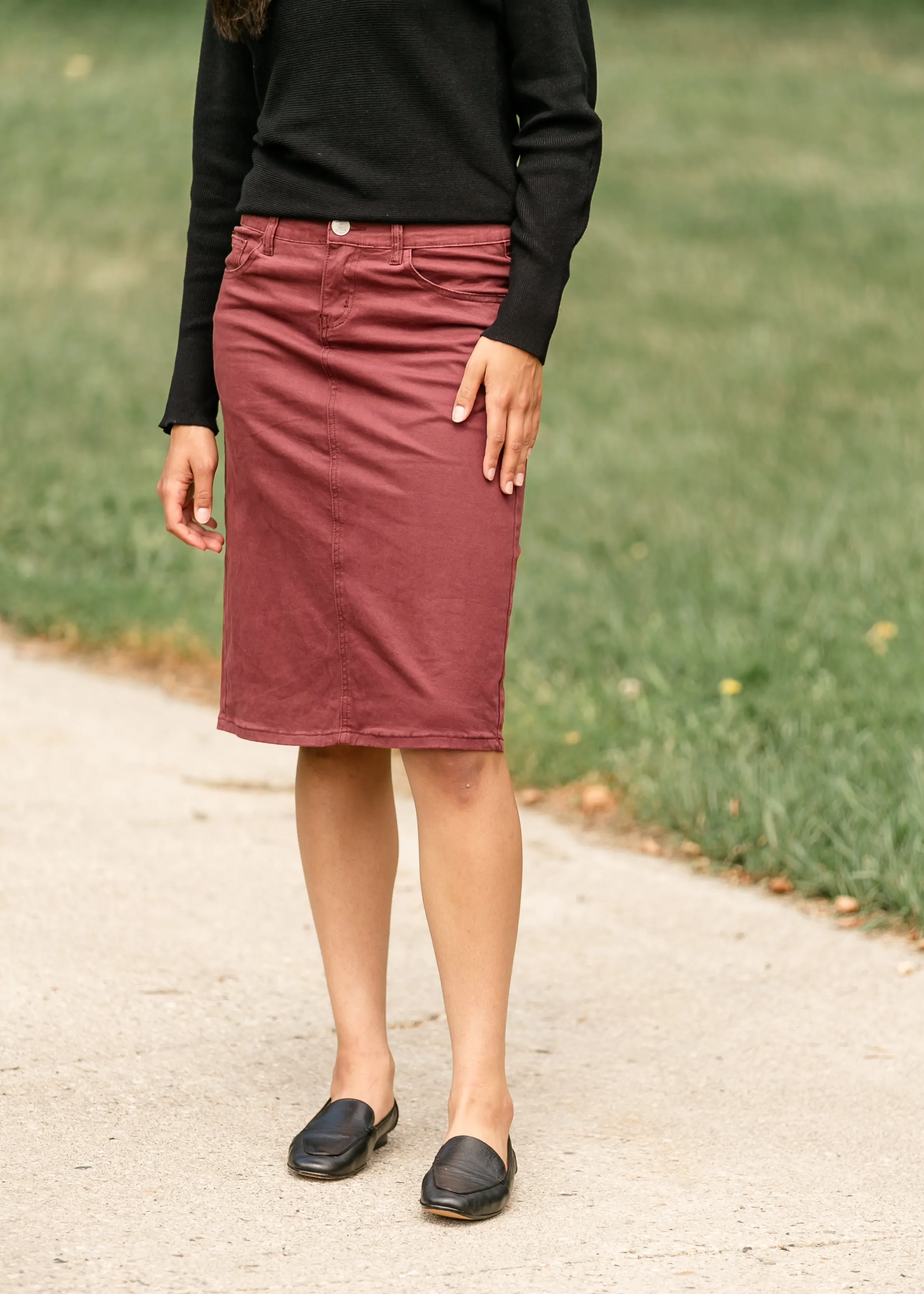 Remi Burgundy Denim Midi Skirt - FINAL SALE