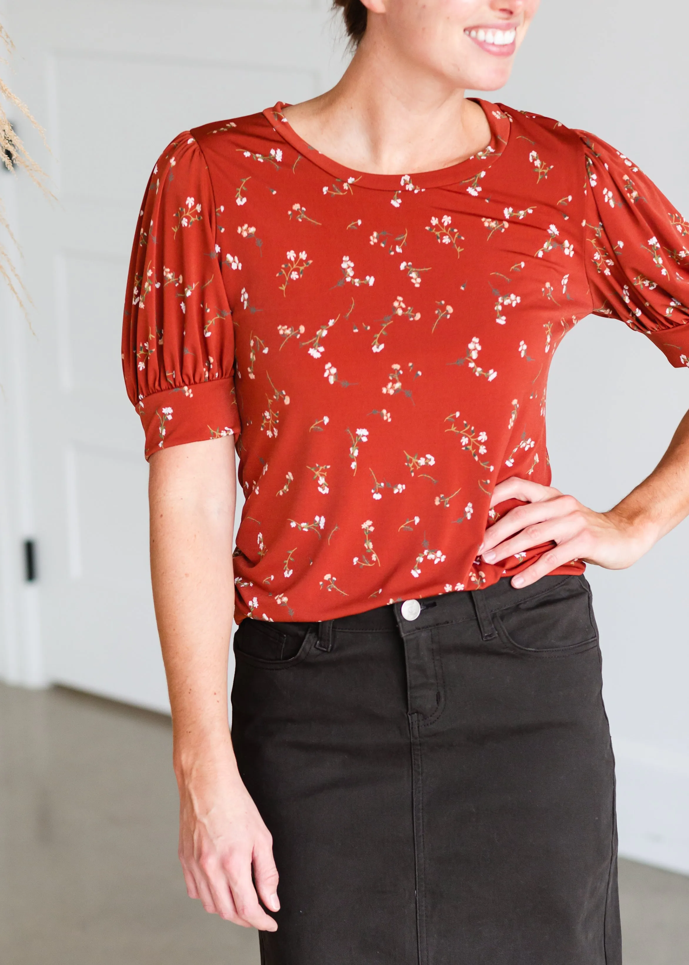 Rust Puff Sleeve Floral Print Top - FINAL SALE