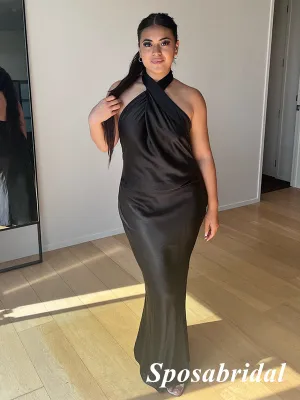 Sexy Black Soft Satin Halter Sleeveless Mermaid Long Prom Dresses, PD3920