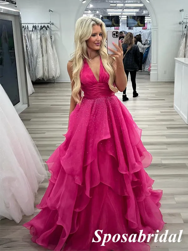 Sexy Fuchsia Organza Spaghetti Straps V-Neck A-Line Long Prom Dresses , PD3813