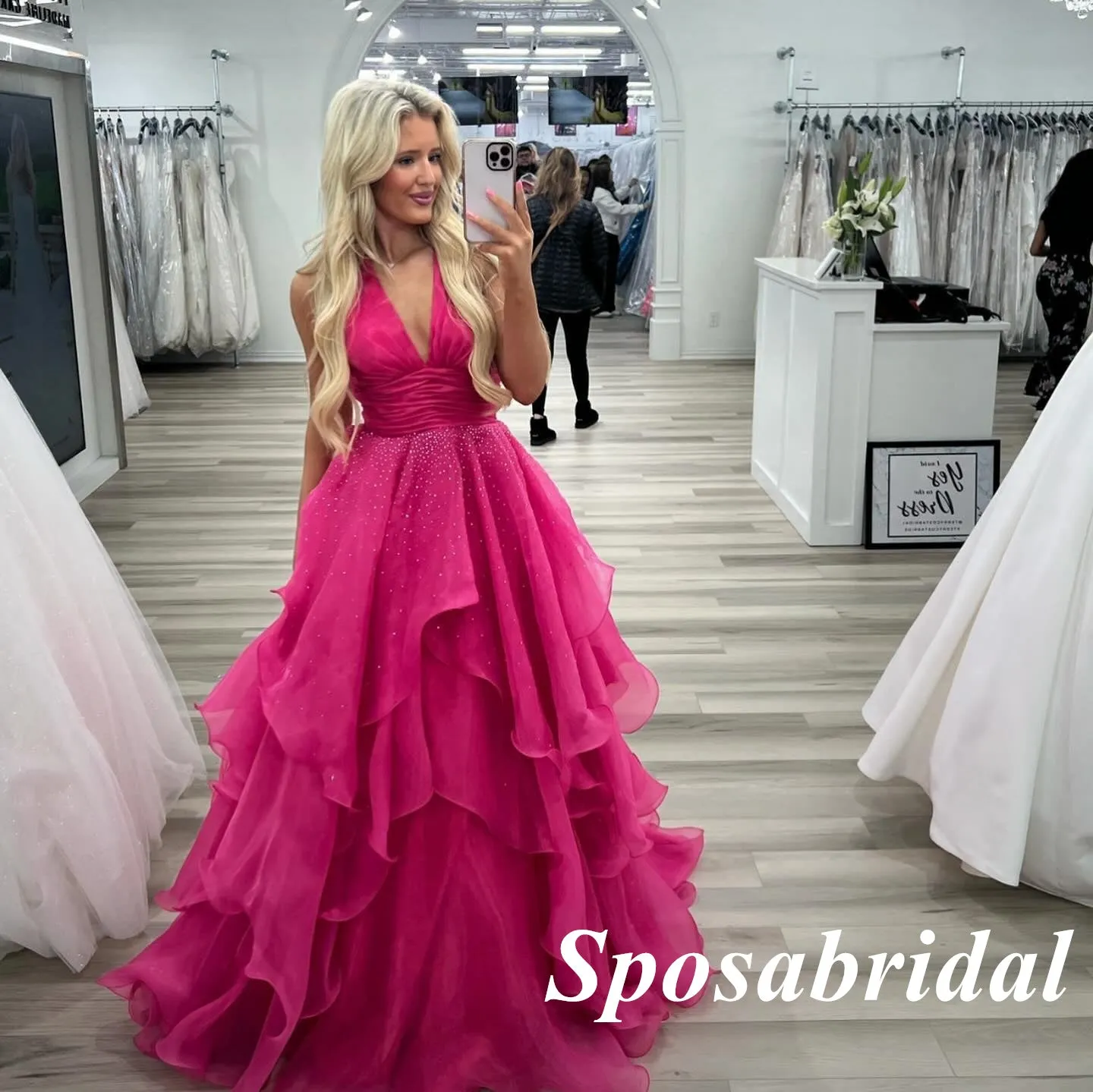 Sexy Fuchsia Organza Spaghetti Straps V-Neck A-Line Long Prom Dresses , PD3813