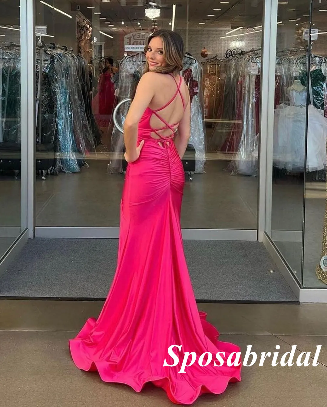 Sexy Fuchsia Spaghetti Straos V-Neck Side Slit Mermaid Long Prom Dresses , PD3811