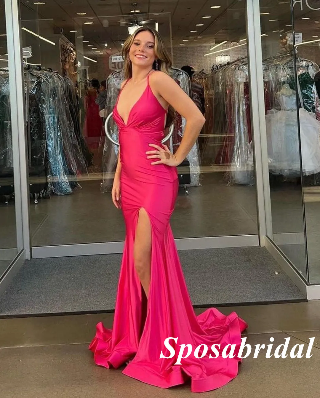 Sexy Fuchsia Spaghetti Straos V-Neck Side Slit Mermaid Long Prom Dresses , PD3811