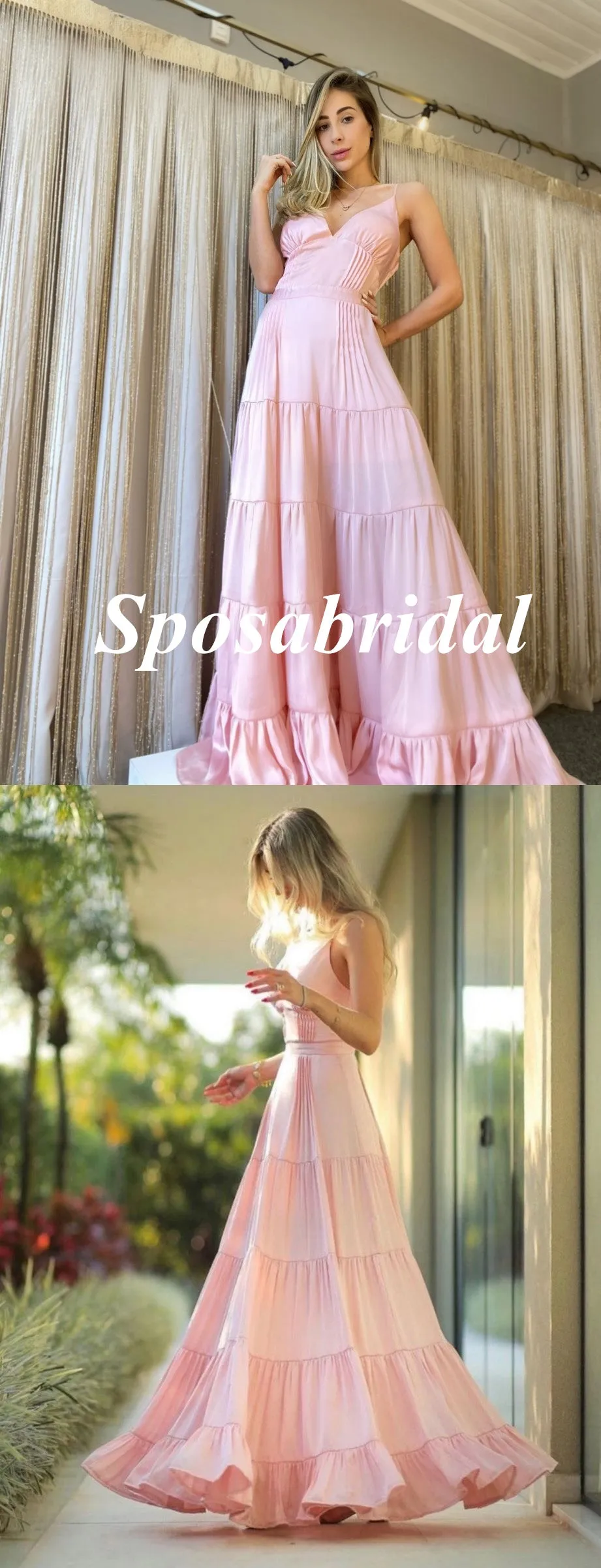 Sexy Pink Soft Satin Spaghetti Straps V-Neck A-Line Long Prom Dresses, PD3786