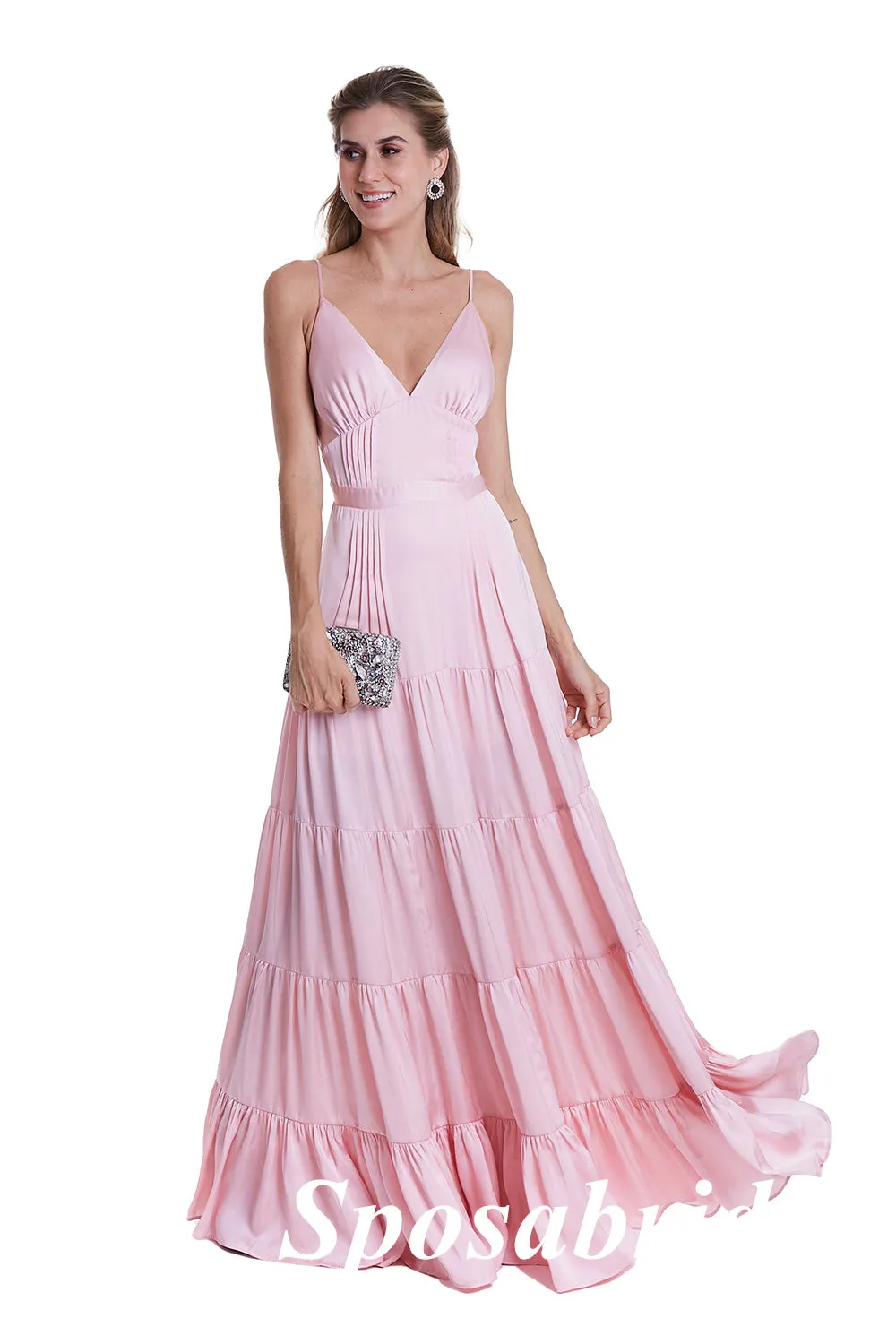 Sexy Pink Soft Satin Spaghetti Straps V-Neck A-Line Long Prom Dresses, PD3786