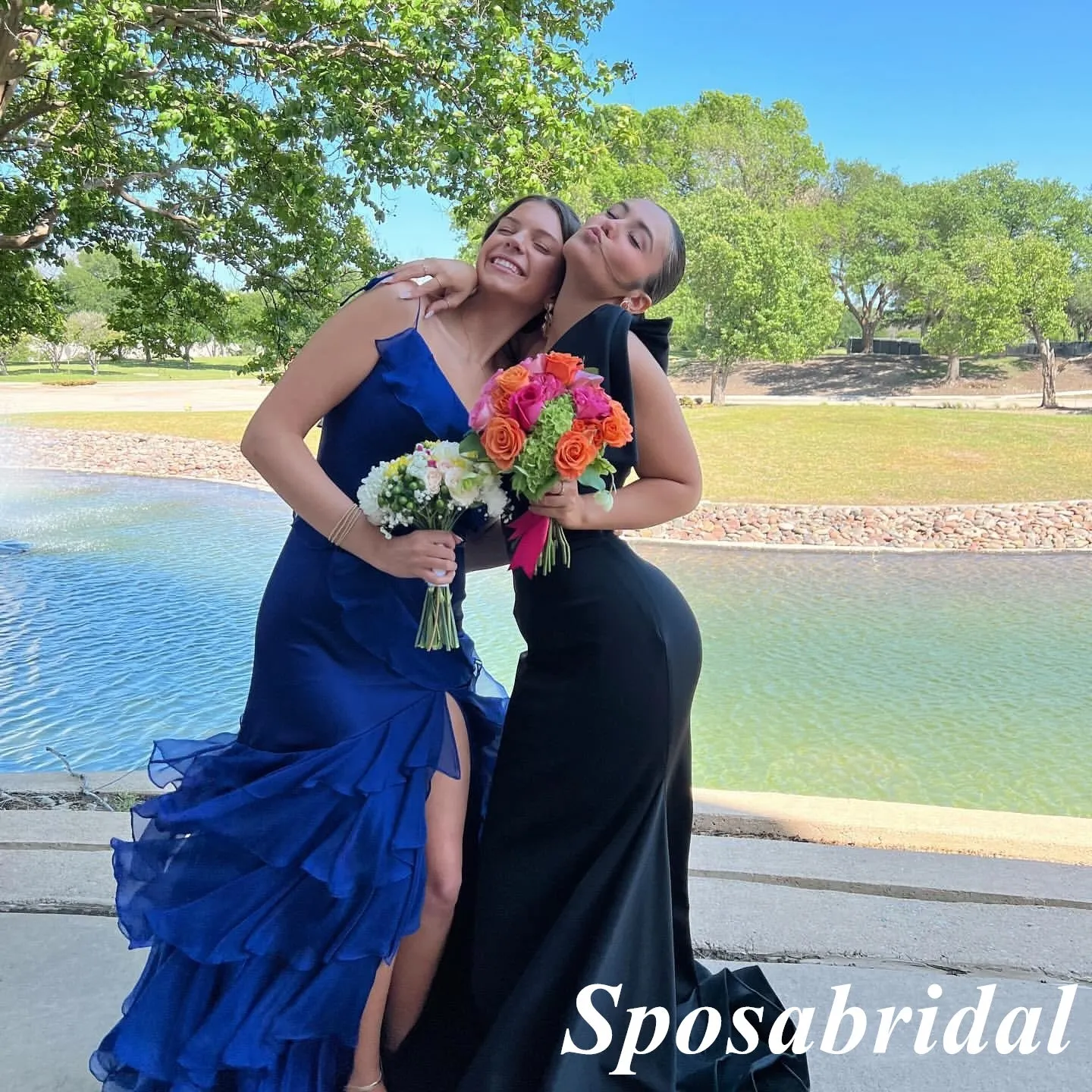 Sexy Royal Blue Soft Stin Spaghetti Straps V-Neck Sleeveless Side Slit Mermaid Long Prom Dresses, PD3918