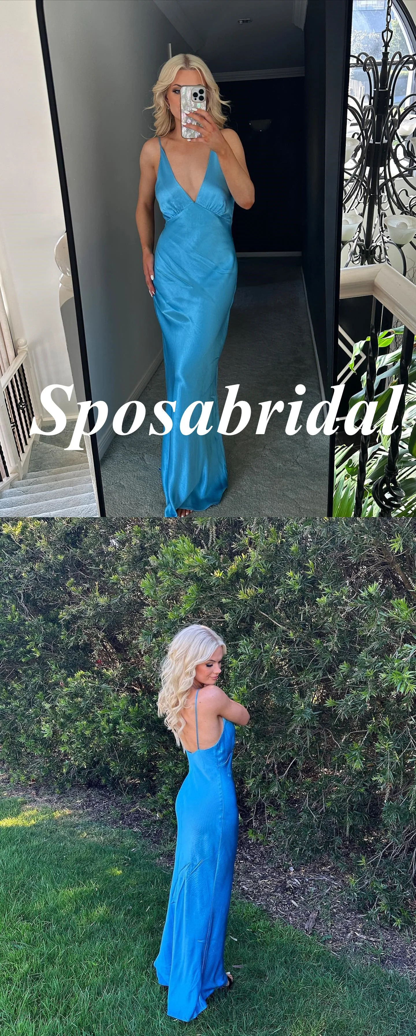 Sexy Soft Satin Spaghetti Straps V-Neck Sleeveless Mermaid Long Prom Dresses, PD3897