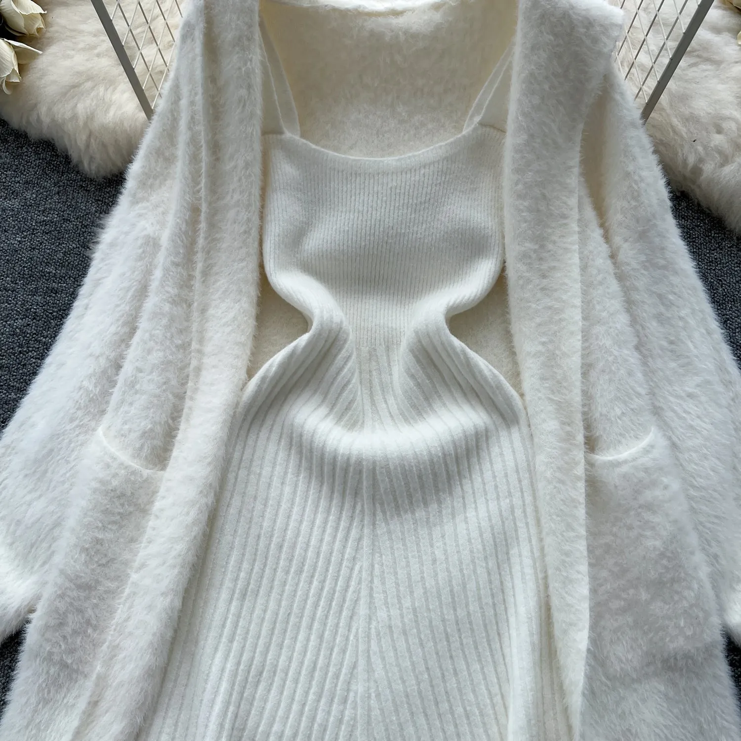 Soft Cardigan&Pleated Dress Knitted 2Pcs