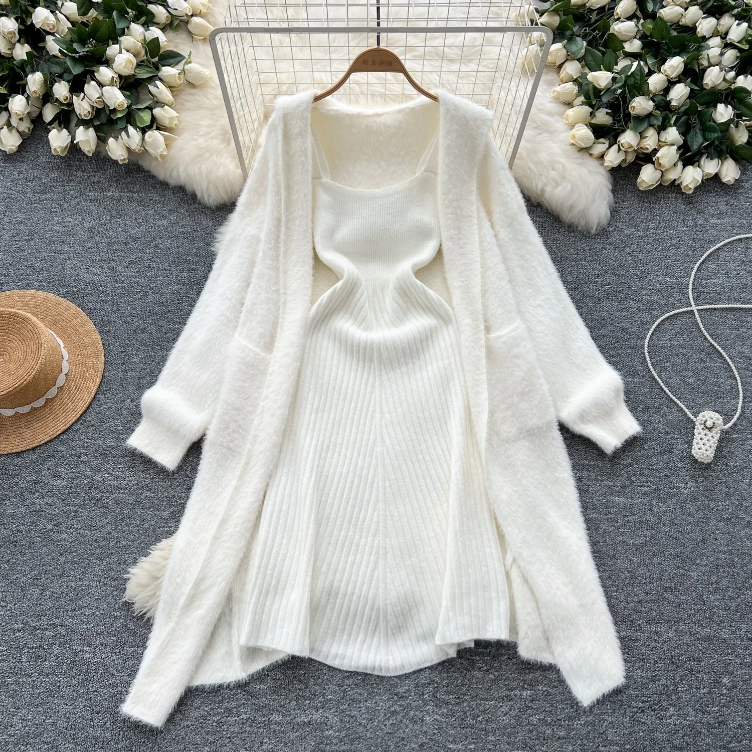 Soft Cardigan&Pleated Dress Knitted 2Pcs