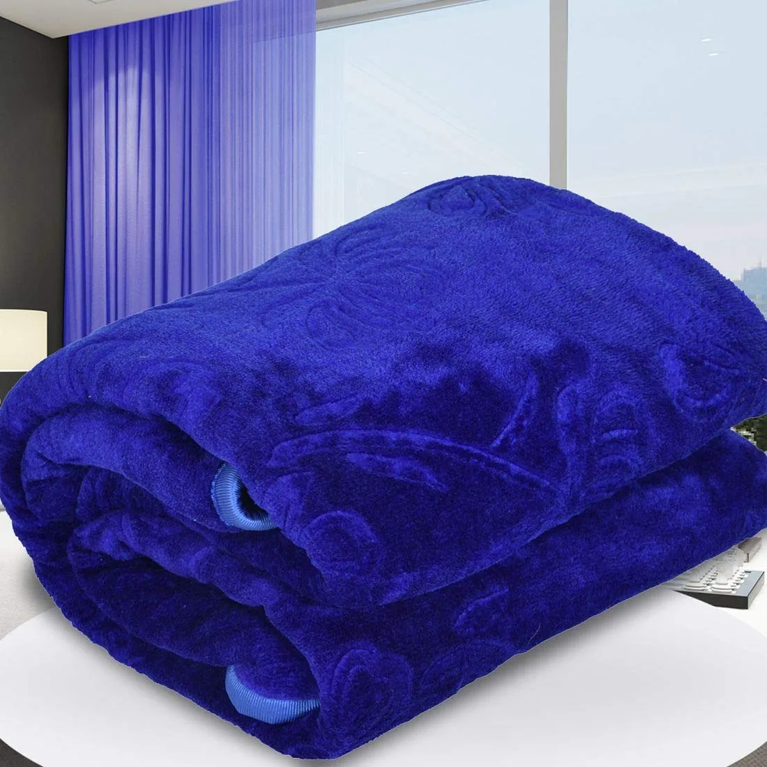 SPANGLE Microfiber Warm Soft Luxurios Blue and Wine 400 GSM Double Blanket Set of 2