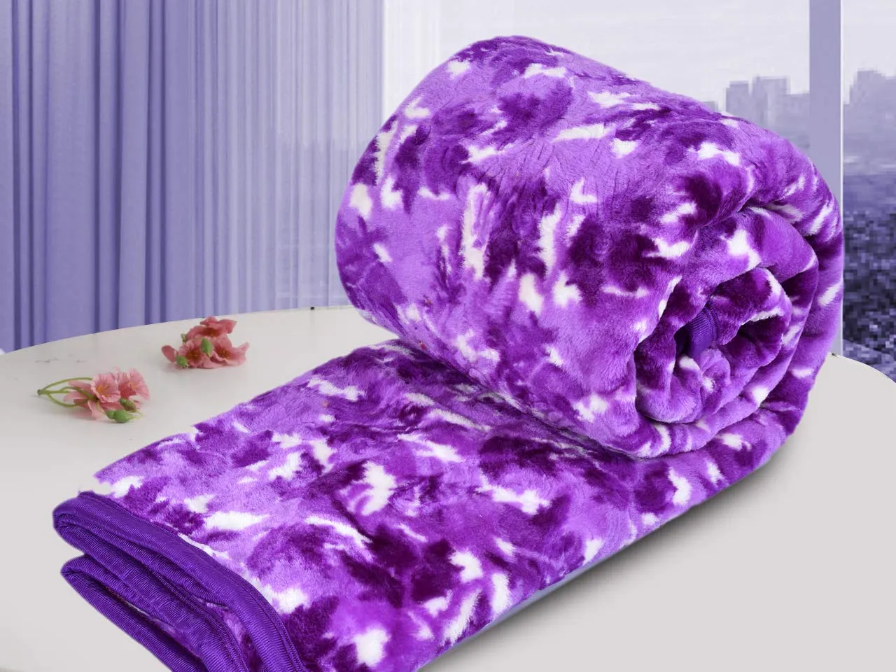 SPANGLE Printed Floral Self Warm Soft Luxurious 480 TC Micro Fibre Single Bed Blanket (Lavender)