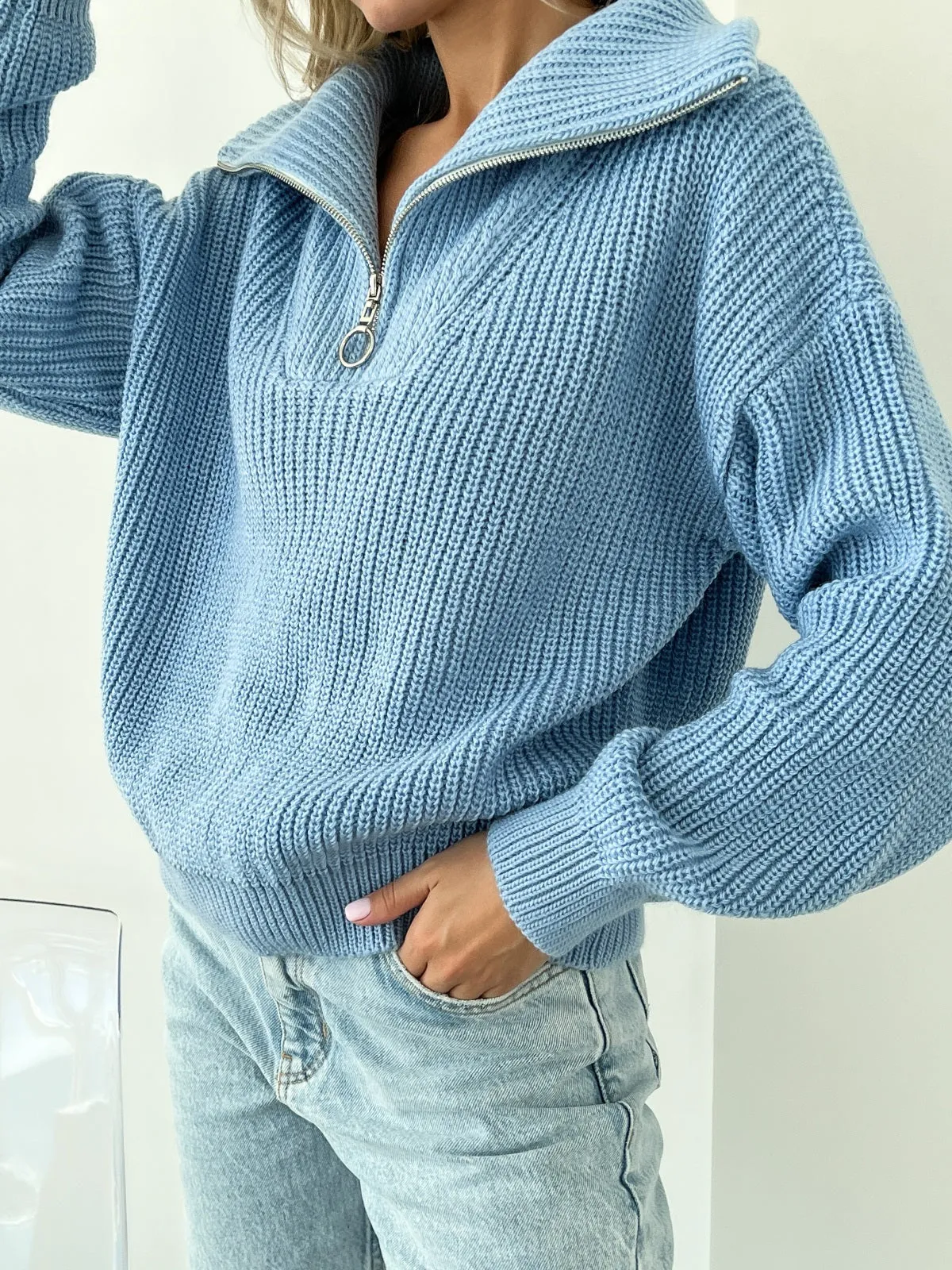 Stylish Sweater Woolen Thread Zip Neck Collar Comfortable Women Clothing