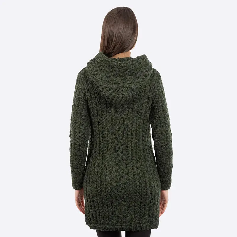 Women's Hooded Aran Zipper Coat - Green